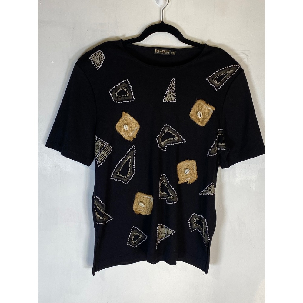 Vintage 90s Picadilly Medium Cowrie Shell Art Tee Black Tribal Retro Electric